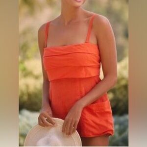 Anthropologie Linen Blend Pocketed Strap/Strapless Romper size XL NWT OrangeRed